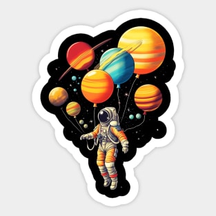 Astronaut Floating with Planets as Balloons Colourfu Sticker
